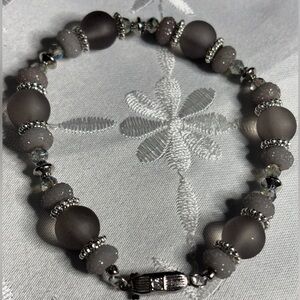 Handmade Frosted Gray Beaded Bracelet with Silver and Crystal Accents 8 inches